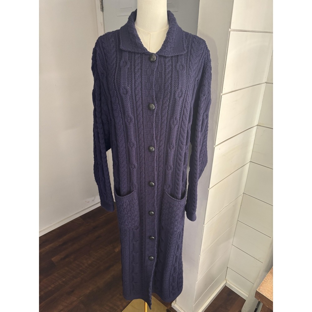Aran Crafts Cardigan Womens Large Blue Merino Wool Cable Knit Duster Ireland